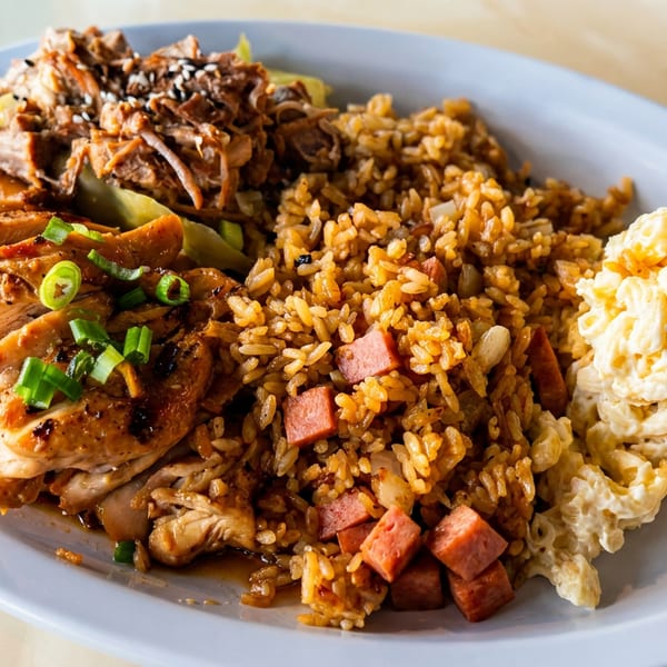 A plate of grilled chicken, pulled pork, fried rice with spam, and macaroni salad.