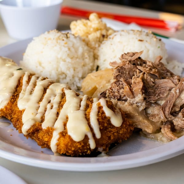 A plate of crispy fried chicken with sauce, pulled pork, and two scoops of rice.
